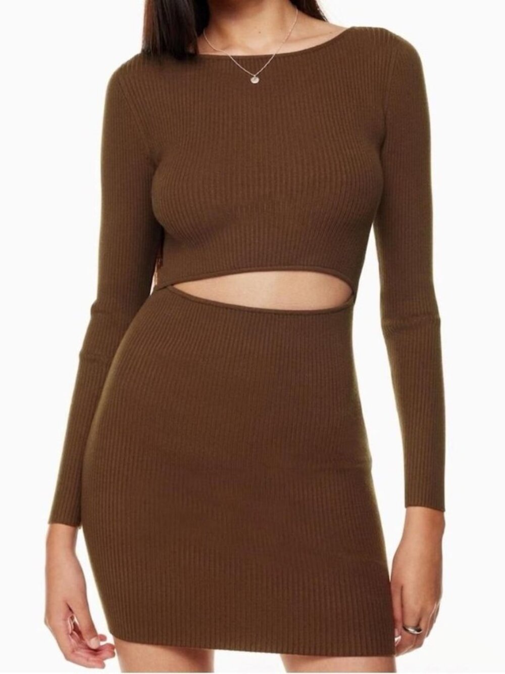 NWT Aritiza Wilfred Knit Cut Out Mini Dress Long Sleeve Brown L